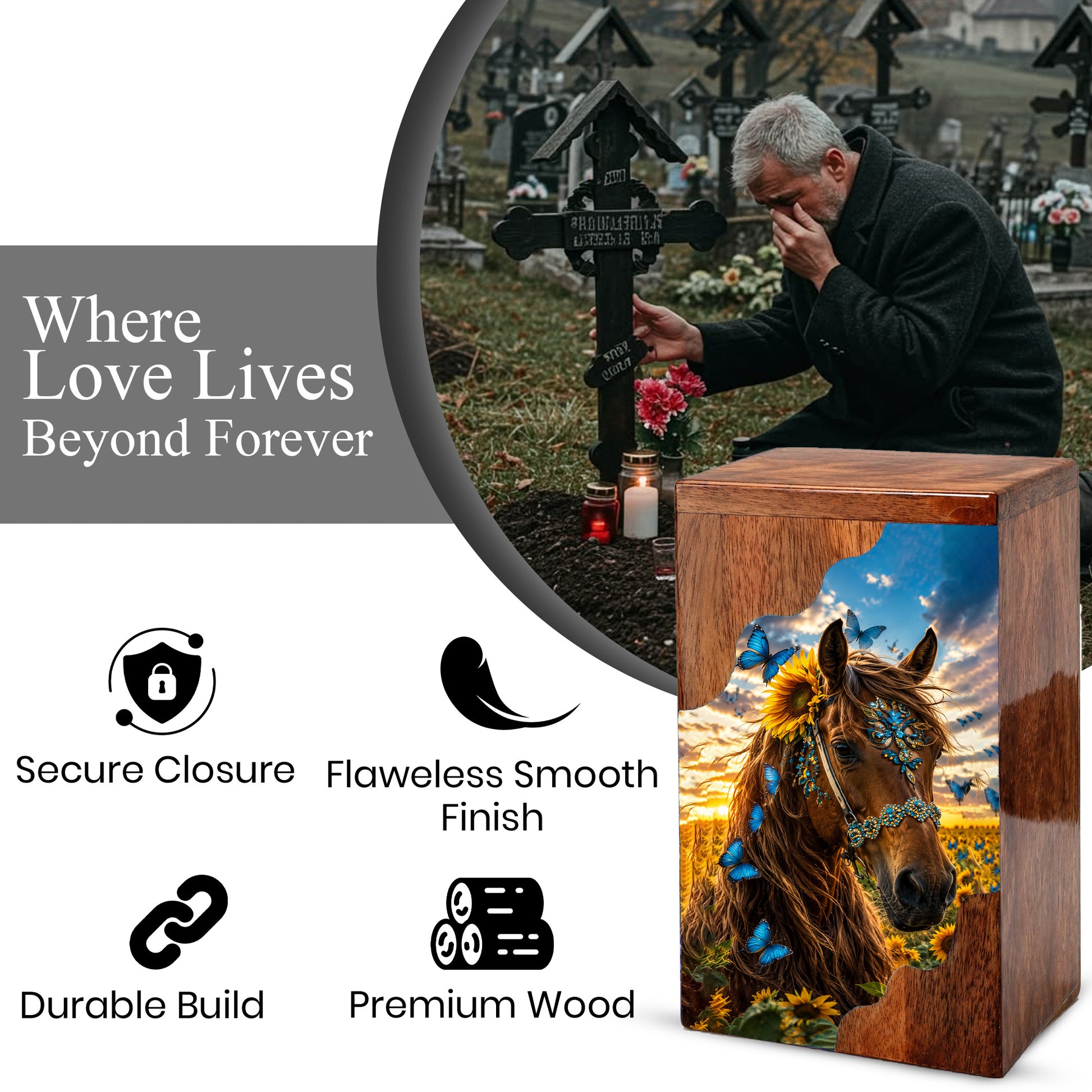Horse Wooden Cremation Urn – Butterfly & Sunflower Memorial Urn for Ashes