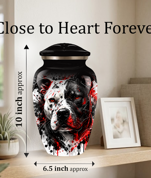 Personalized Pitbull Cremation Urn for Ashes  Black and White Pet Portrait Urn with Red Accents