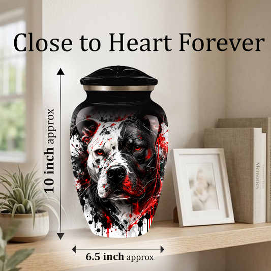 Personalized Pitbull Cremation Urn for Ashes  Black and White Pet Portrait Urn with Red Accents