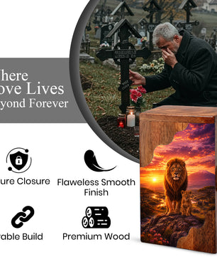 Lion Wooden Cremation Urn – Father Memorial Urn for Ashes | Strength & Legacy Wooden Urn