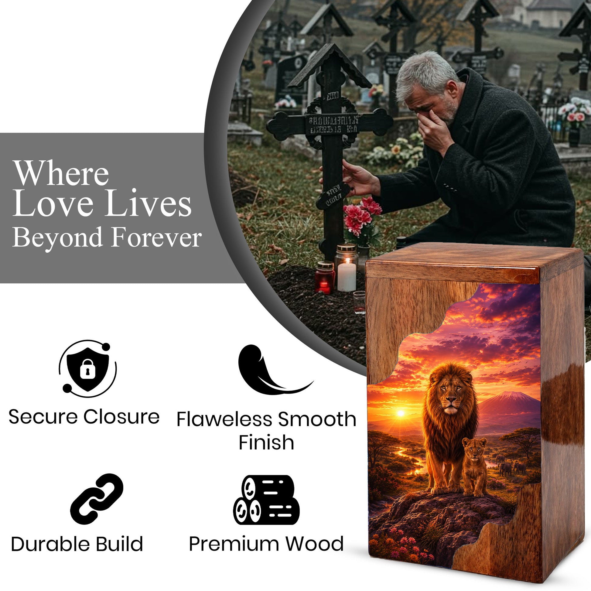 Lion Wooden Cremation Urn – Father Memorial Urn for Ashes | Strength & Legacy Wooden Urn