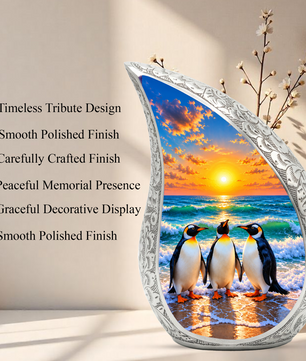 Penguin Cremation Urn for Ashes, Beach Sunset Memorial Urn, Adult Aluminum Cremation Urn