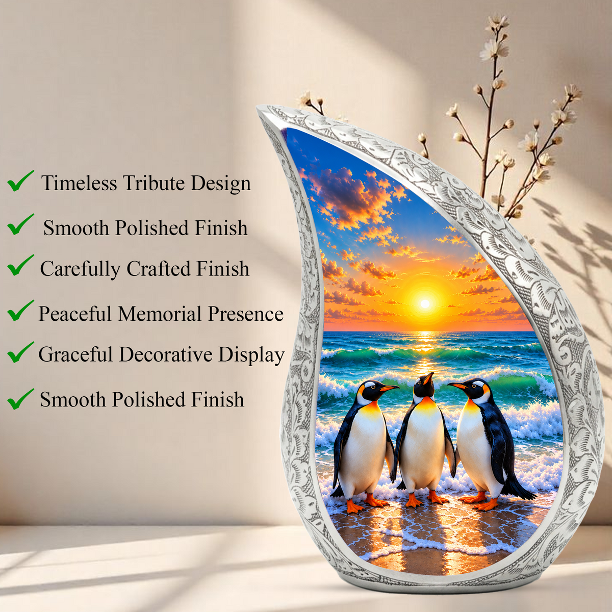 Penguin Cremation Urn for Ashes, Beach Sunset Memorial Urn, Adult Aluminum Cremation Urn
