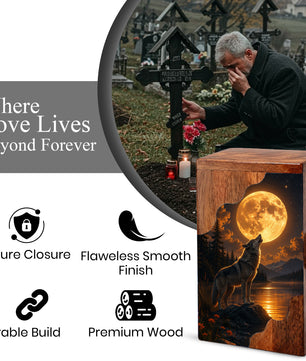 Wolf Moon Wooden Cremation Urn – Personalized Memorial Urn for Human Ashes