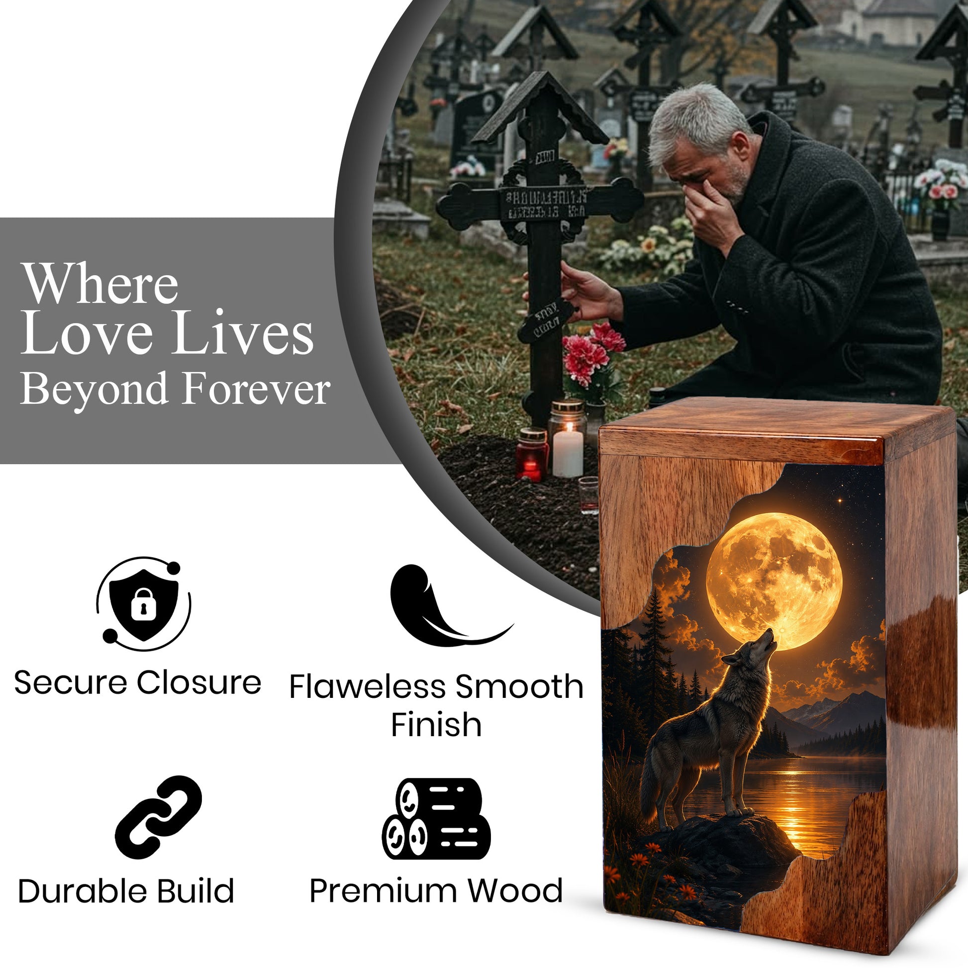 Wolf Moon Wooden Cremation Urn – Personalized Memorial Urn for Human Ashes