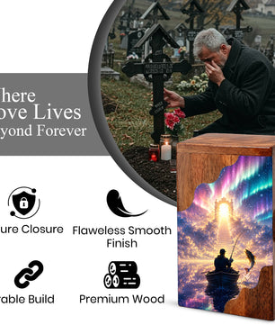 Northern Lights Fishing Wooden Cremation Urn – Personalized Memorial Urn for Human Ashes