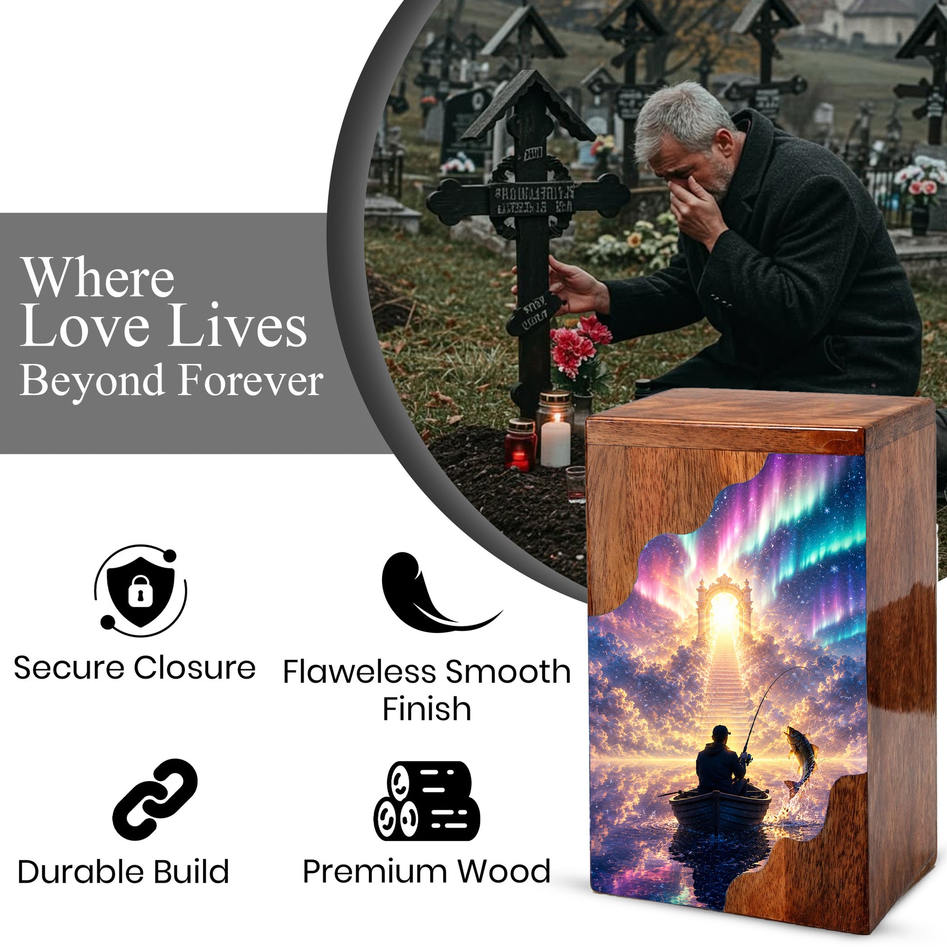 Northern Lights Fishing Wooden Cremation Urn – Personalized Memorial Urn for Human Ashes