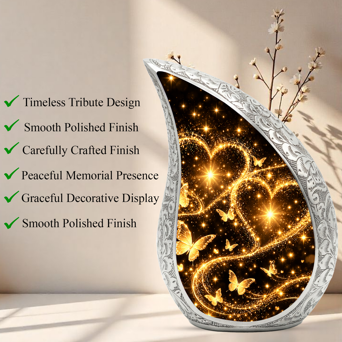 Gold Butterfly Cremation Urn for Ashes, Heart Memorial Urn
