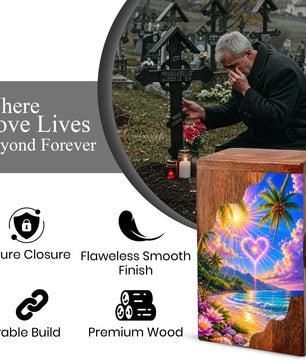Tropical Beach Wooden Cremation Urn – Heart Sky Memorial Urn with Ocean Sunset Design
