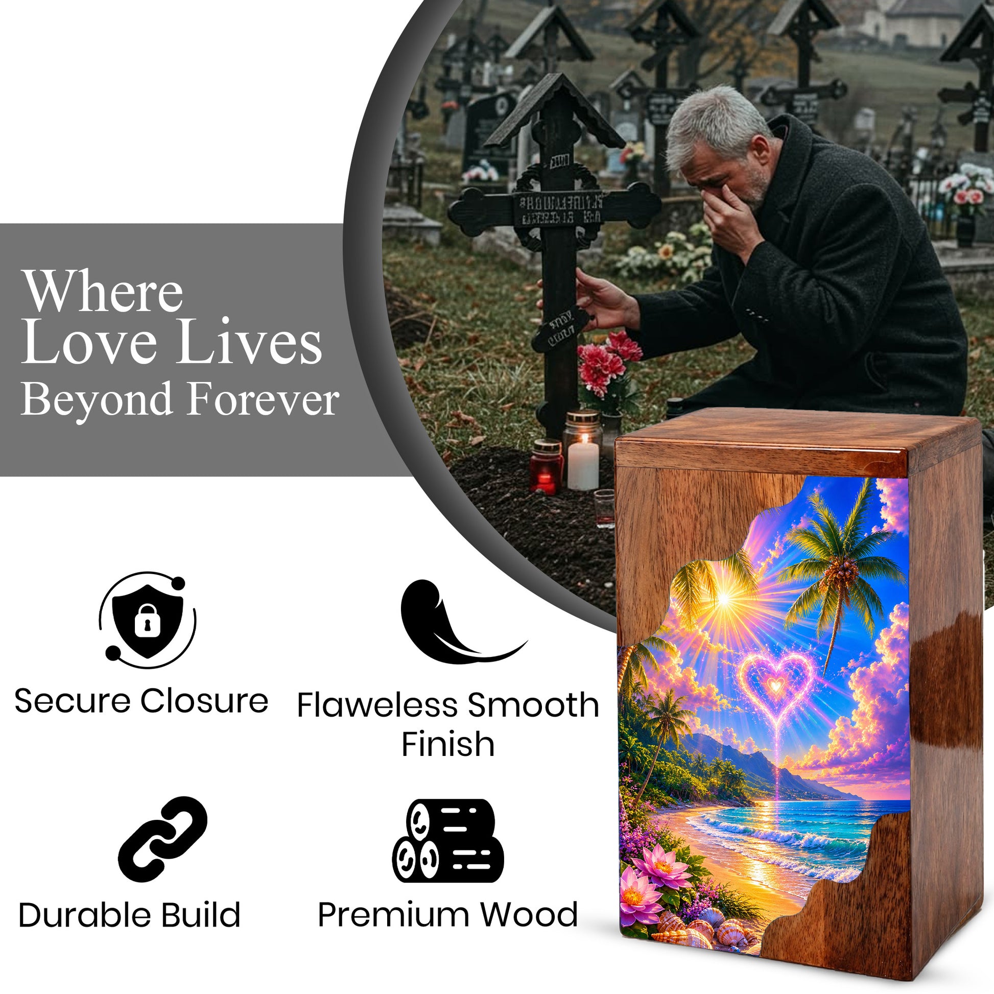 Tropical Beach Wooden Cremation Urn – Heart Sky Memorial Urn with Ocean Sunset Design