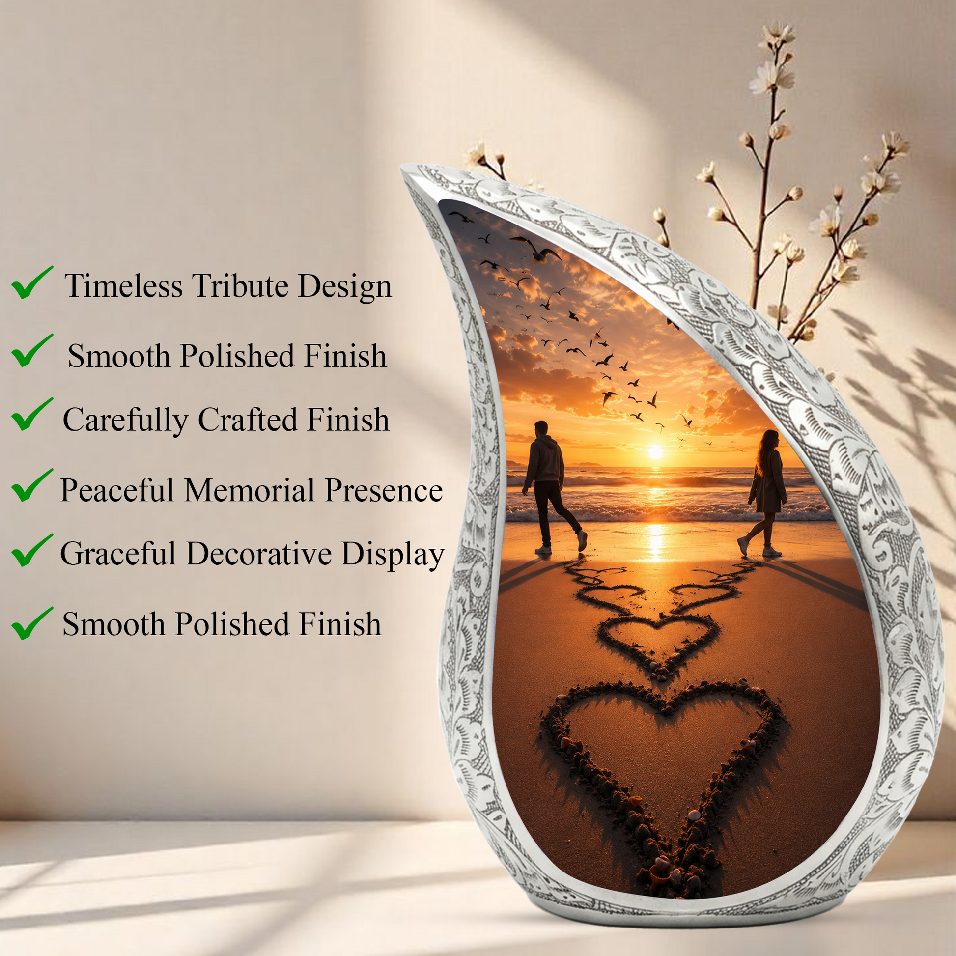 Beach Sunset Cremation Urn for Human Ashes | Heart-Shaped Ocean Memorial Urn & Beach Themed Keepsake Urn