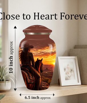 Personalized Adult Cremation Urn for Ashes, Custom Memorial Urn, Western Cowboy Horse Sunset Design