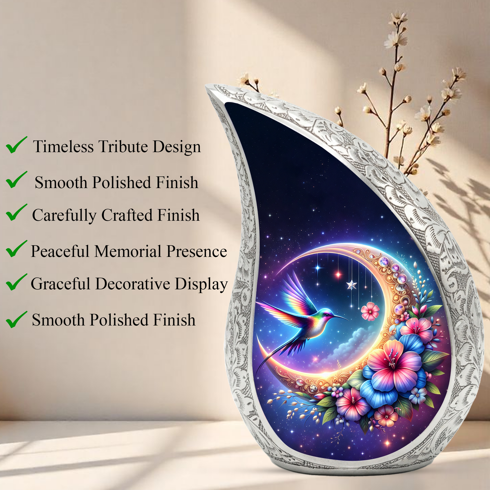 Beautiful Flower Moon with Hummingbird Cremation Urn for Mom & Loved Ones