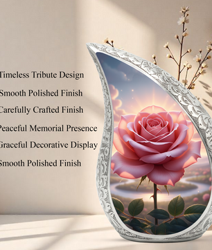 Personalized Pink Rose Cremation Urn – Custom Floral Memorial Urn for Ashes, Elegant Teardrop Aluminum Adult Urn, 10 Inch