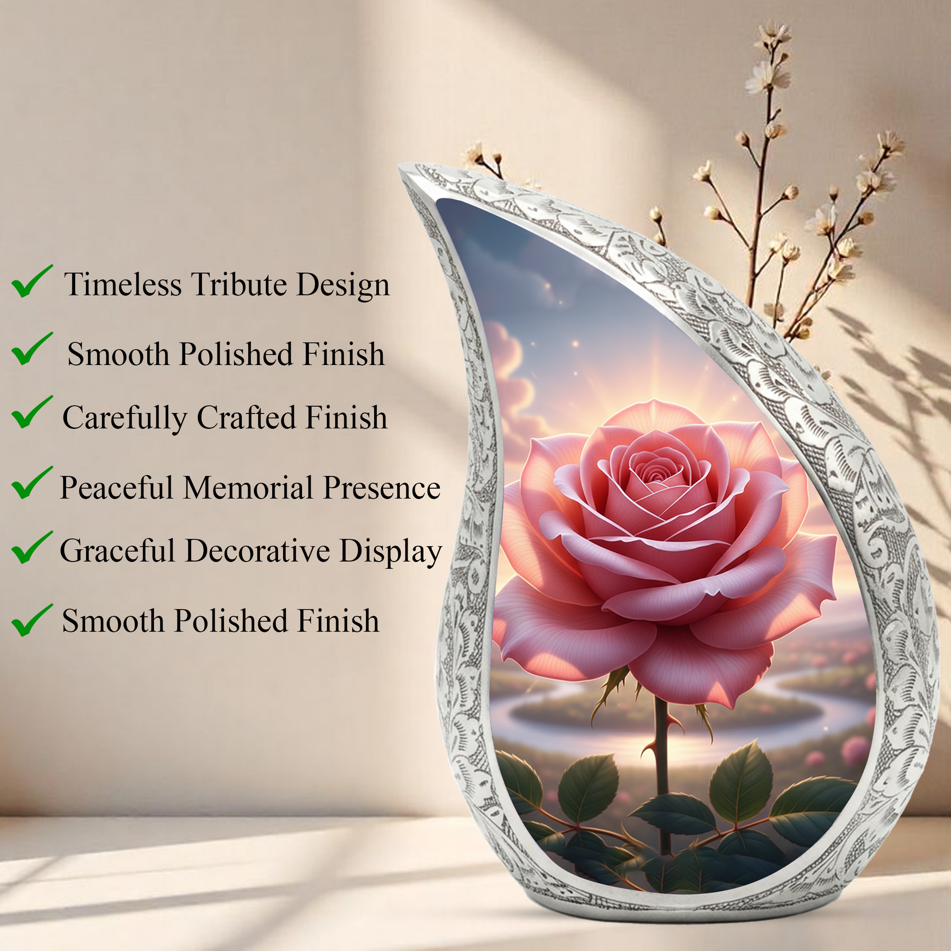 Personalized Pink Rose Cremation Urn – Custom Floral Memorial Urn for Ashes, Elegant Teardrop Aluminum Adult Urn, 10 Inch