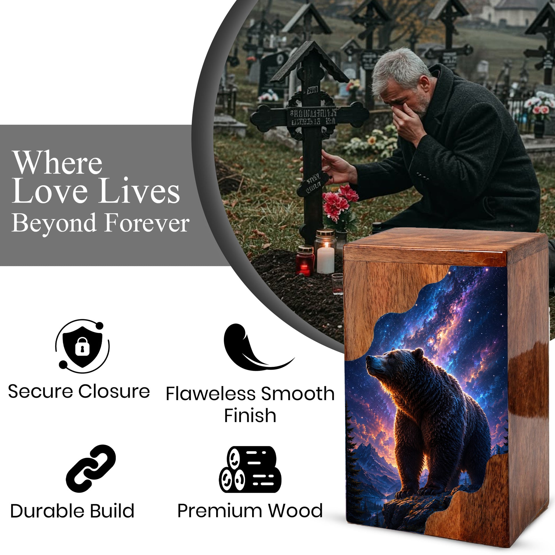 Bear Wooden Cremation Urn – Personalized Memorial Urn for Human Ashes