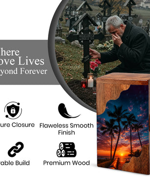 Beach Wooden Cremation Urn for Human Ashes | Tropical Sunset Memorial Urn