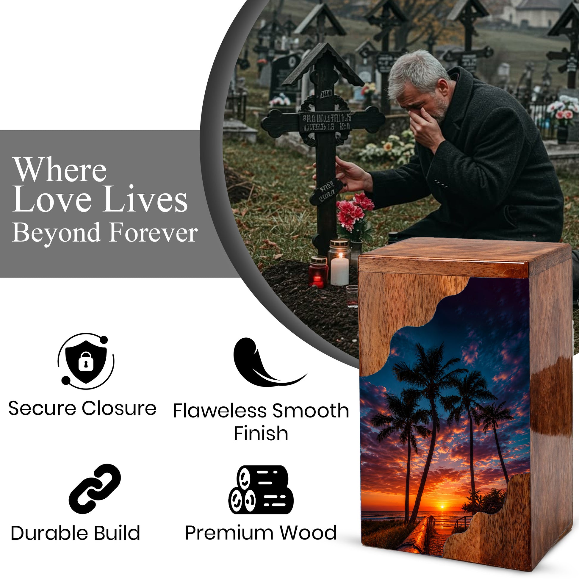 Beach Wooden Cremation Urn for Human Ashes | Tropical Sunset Memorial Urn