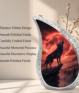 Crimson Moon Wolf Personalized Cremation Urn – Teardrop Memorial Urn for Ashes | 10 Inch