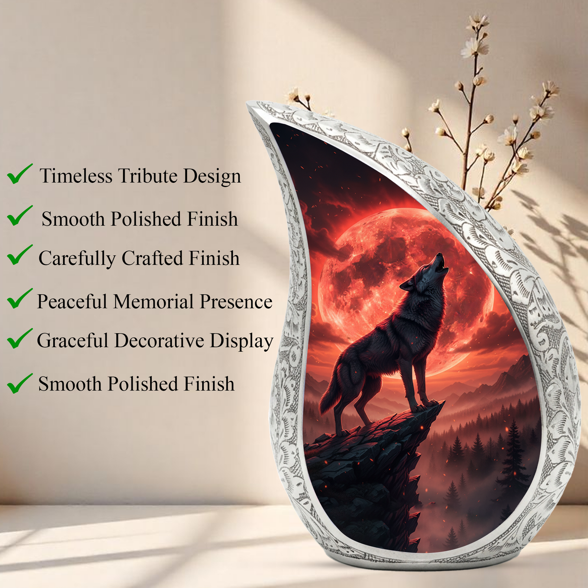 Crimson Moon Wolf Personalized Cremation Urn – Teardrop Memorial Urn for Ashes | 10 Inch