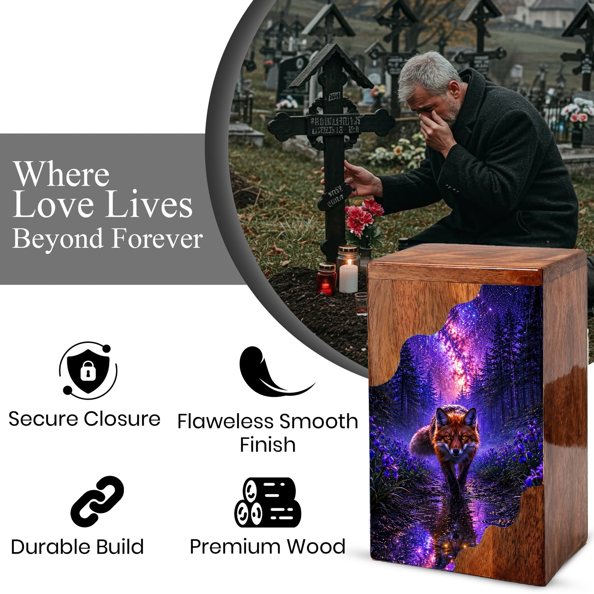 Wooden Cremation Urn for Human Ashes, Fox Memorial Urn