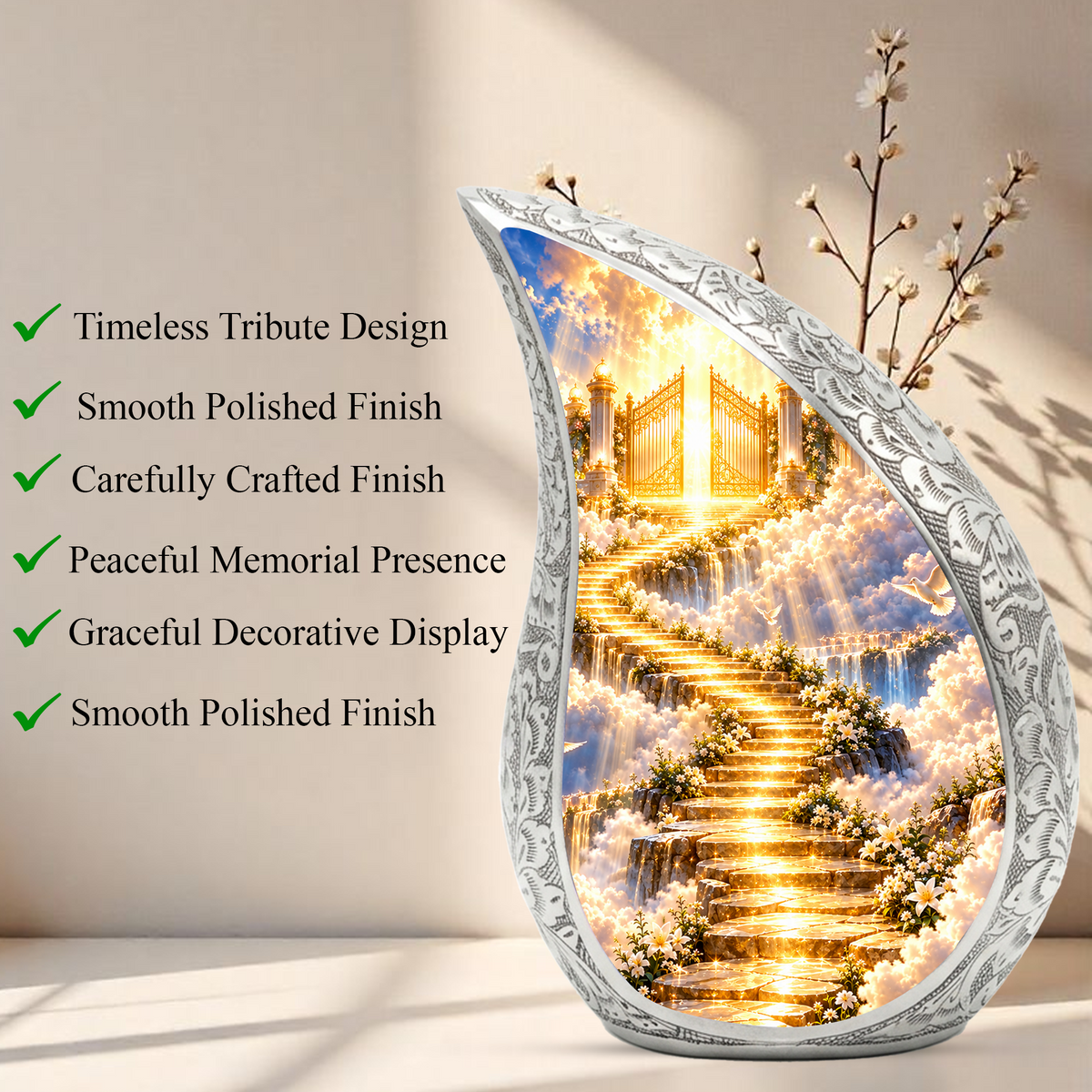 Stairway to Heaven Cremation Urn for Mom- Golden Heavenly Gates Memorial Urn