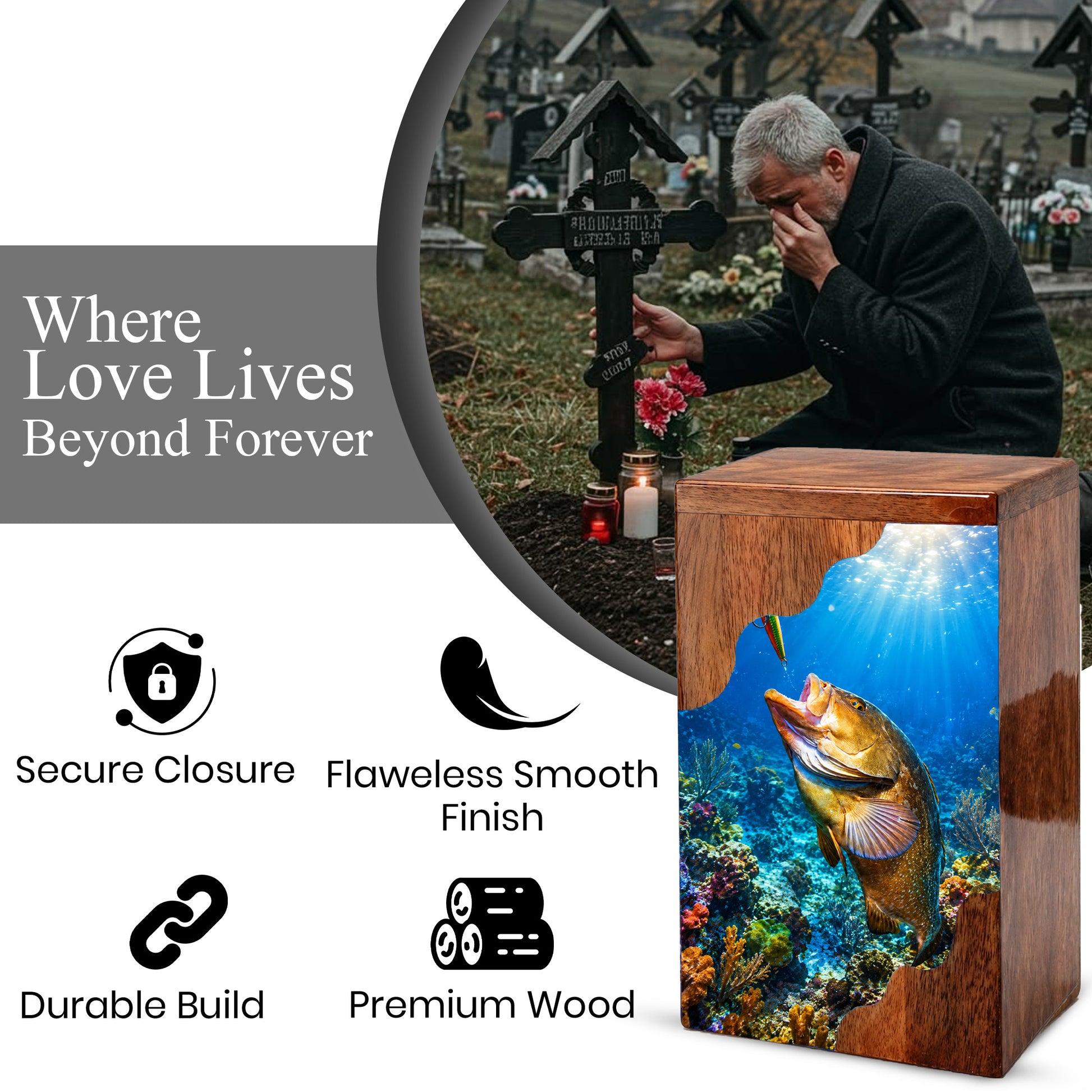 Fishing Wooden Cremation Urn – Ocean Fishing Memorial Urn for Human Ashes