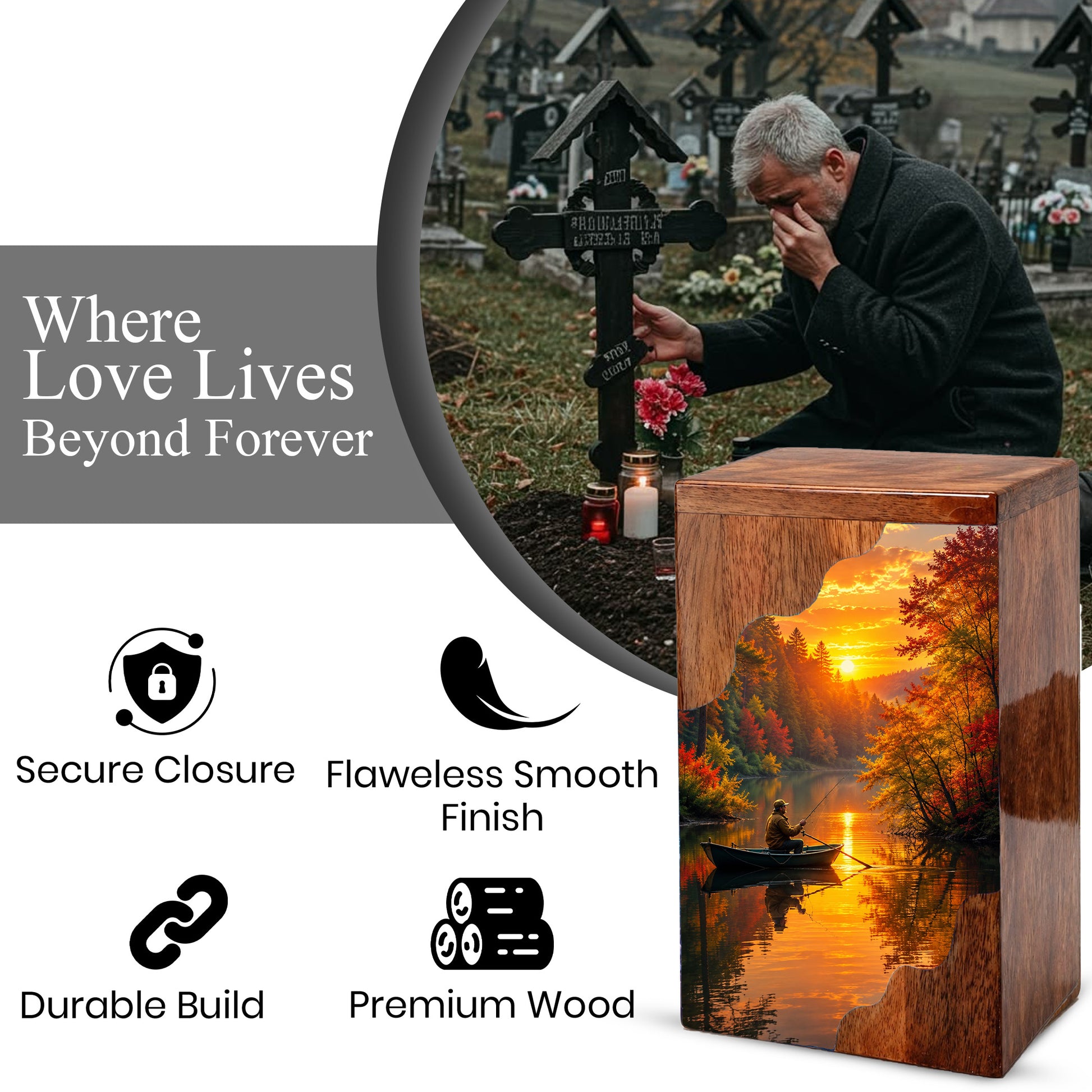 Fishing Wooden Cremation Urn – Gone Fishing Memorial Urn for Human Ashes