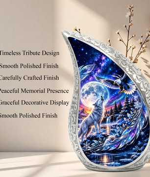 Wolf and Eagle Cremation Urn for Ashes, Wildlife Memorial Urn, Wolf Moon Adult Urn