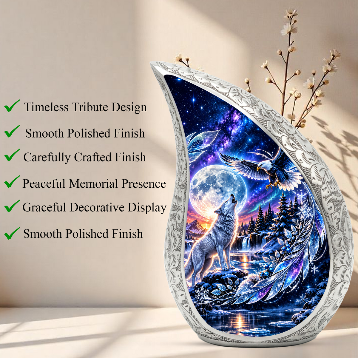 Wolf and Eagle Cremation Urn for Ashes, Wildlife Memorial Urn, Wolf Moon Adult Urn