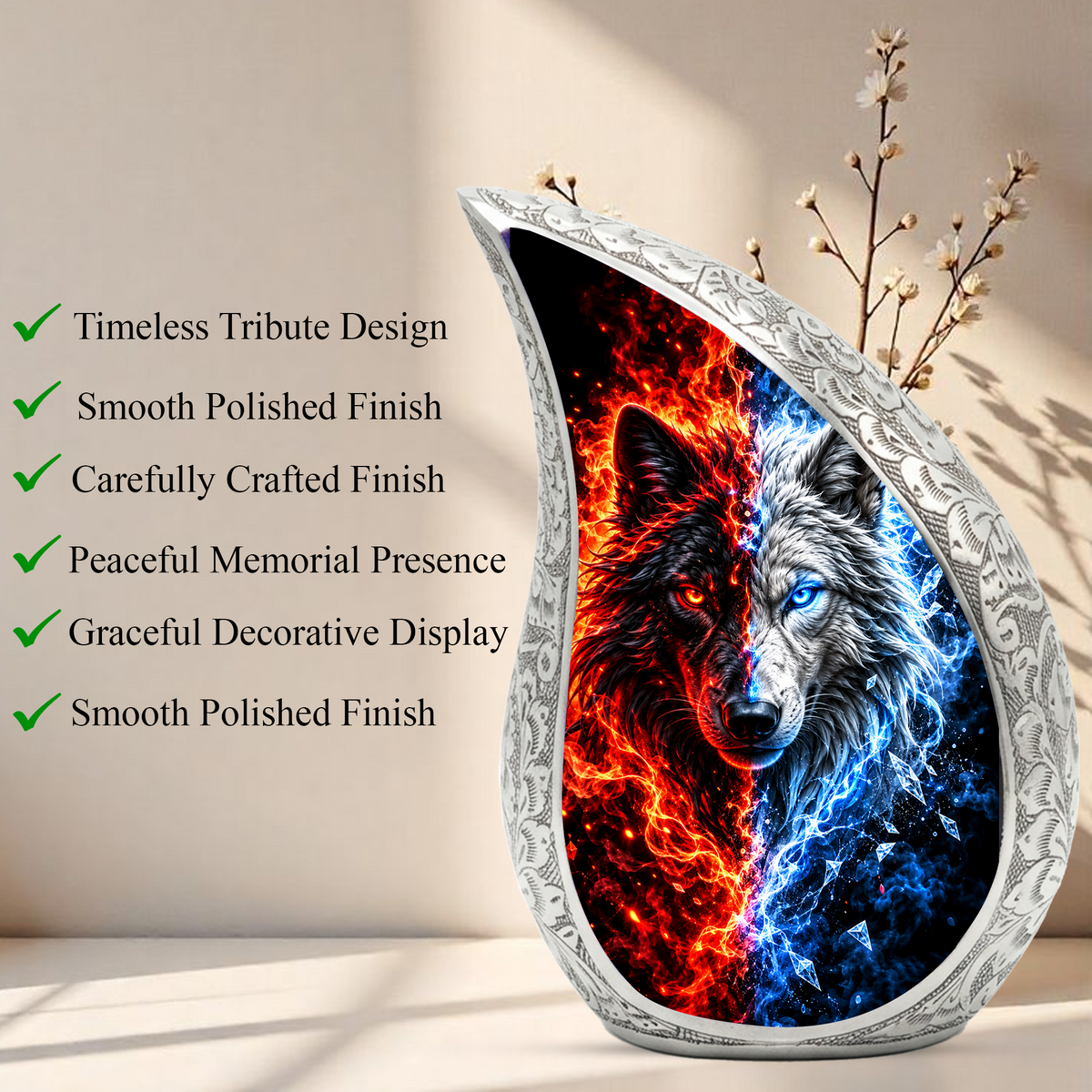 Fire and Ice Wolf Cremation Urn for Ashes, Dual Wolf Memorial Urn, Personalized Adult Cremation Urn