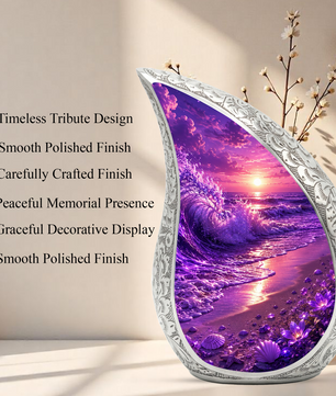 Beach Urns for Human Ashes – Purple Ocean Wave Sunset Beach Themed Cremation Urn