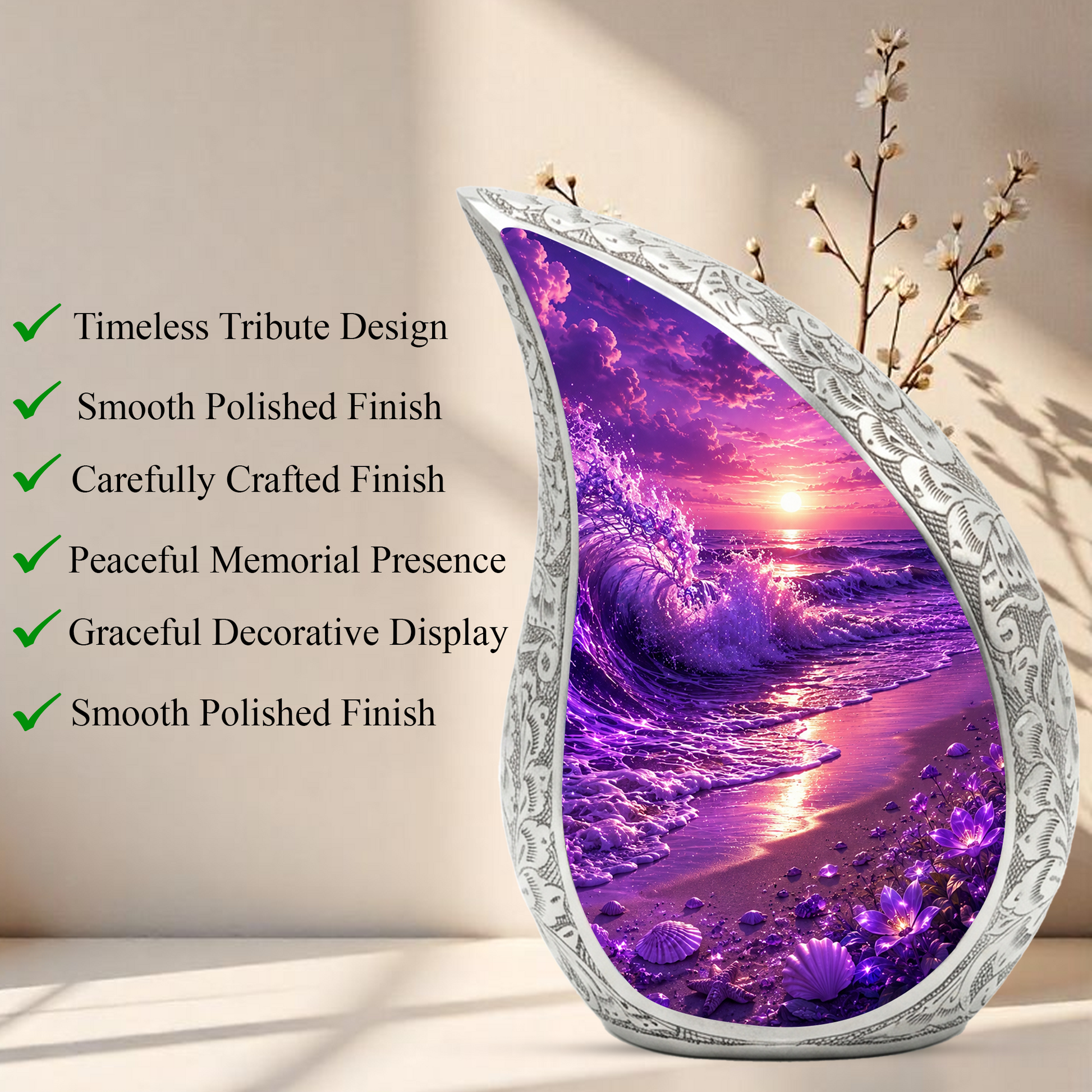 Beach Urns for Human Ashes – Purple Ocean Wave Sunset Beach Themed Cremation Urn