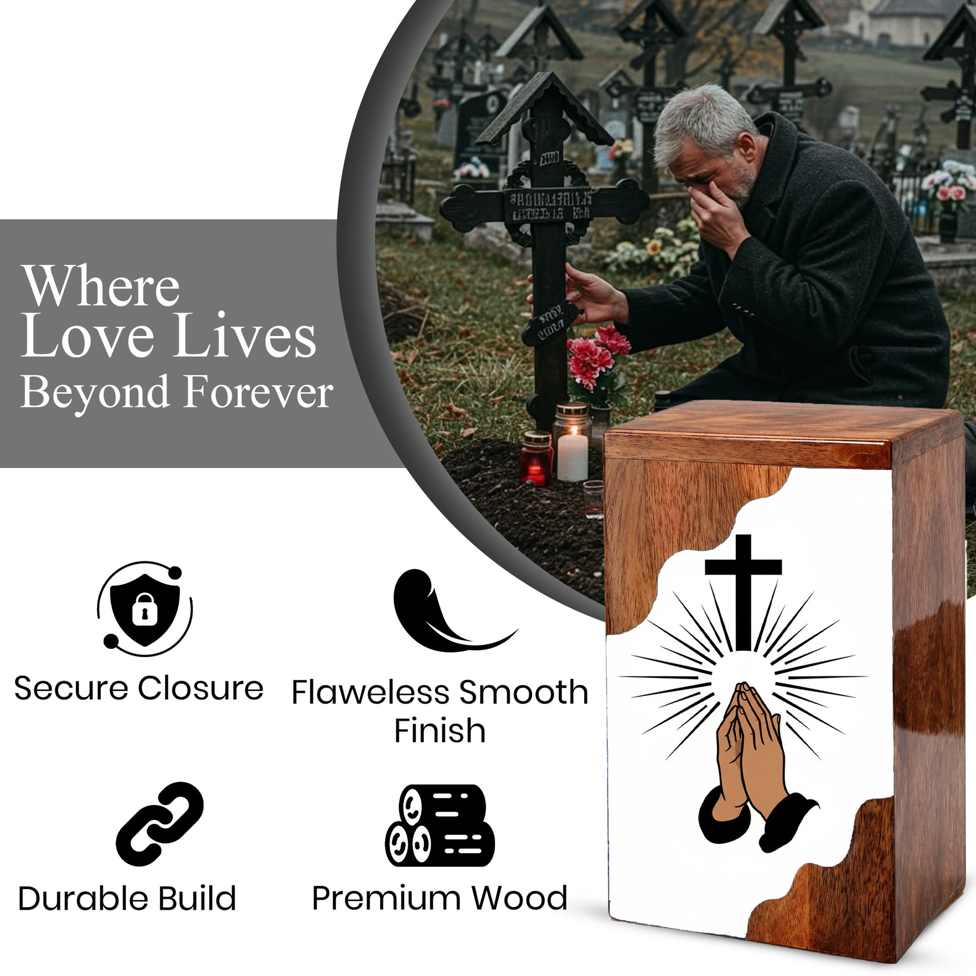 Cross Wooden Cremation Urn – Prayer Cross Memorial Wooden Urn for Human Ashes
