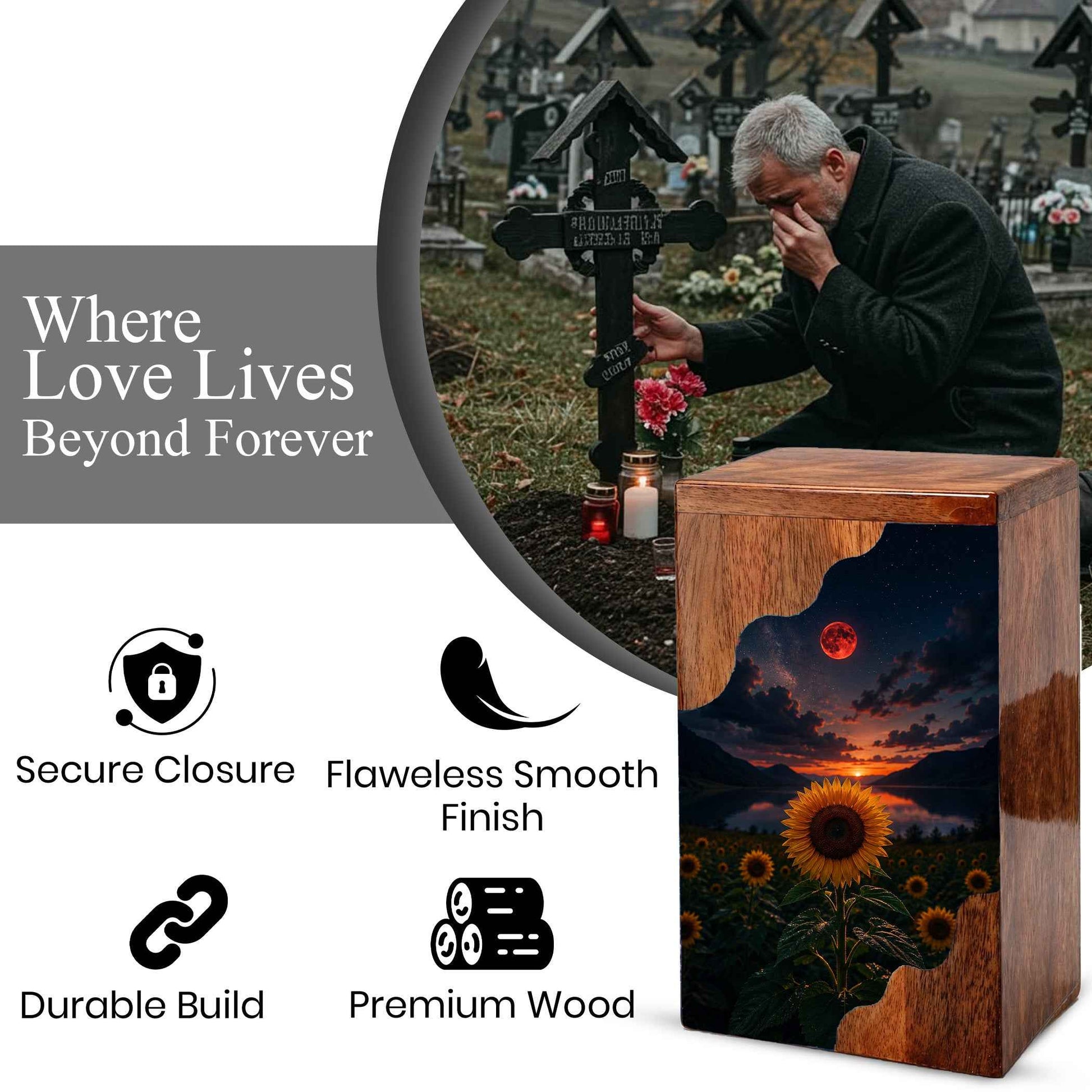 Sunflower Wooden Cremation Urn for Mom | Personalized Wooden Urn for Human Ashes | Red Moon Memorial Urn