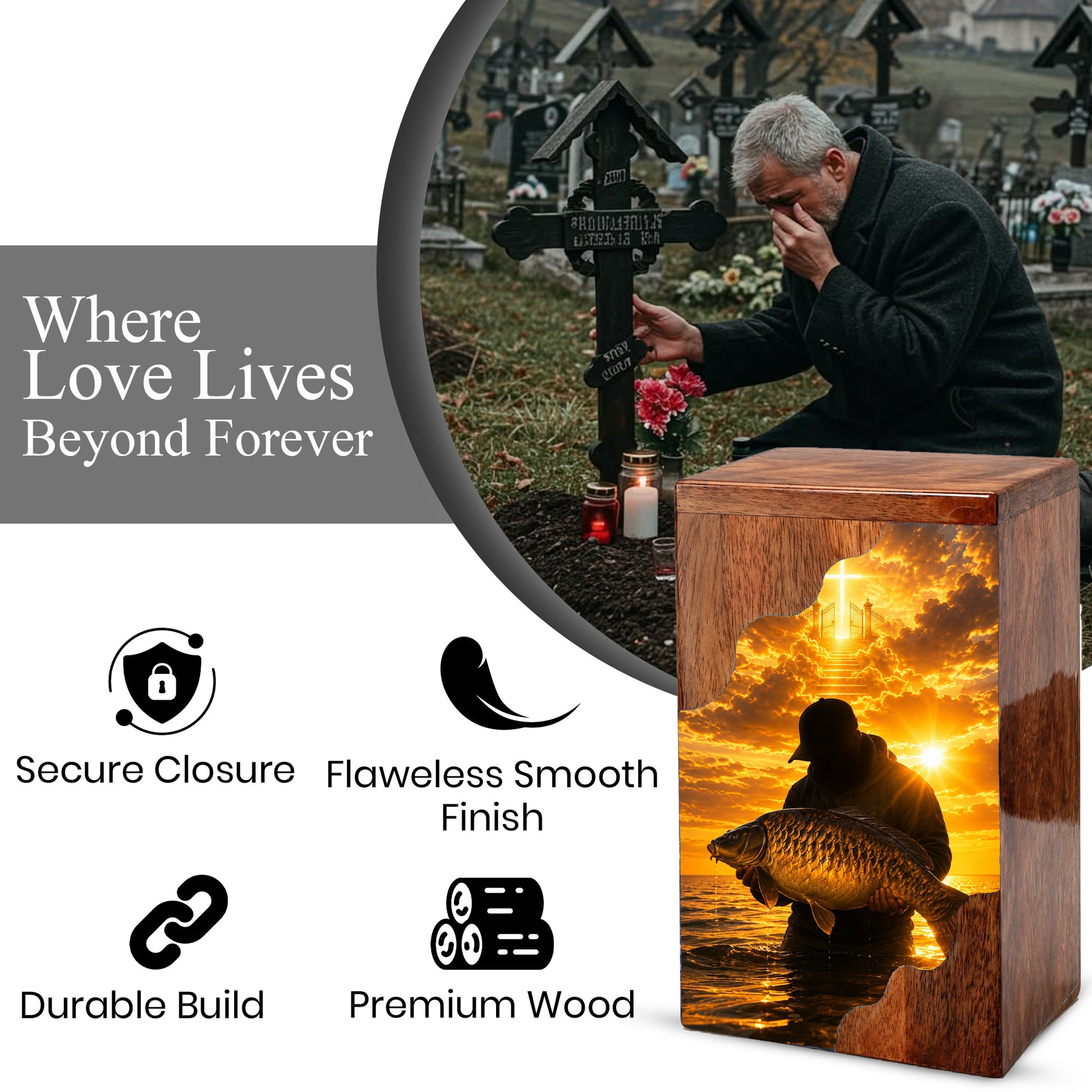 Fisherman Heaven Wooden Cremation Urn – Sunset Fishing Memorial Urn