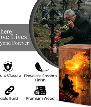 Eternal Waters Fishing Wooden Cremation Urn – Personalized Memorial Urn for Human Ashes