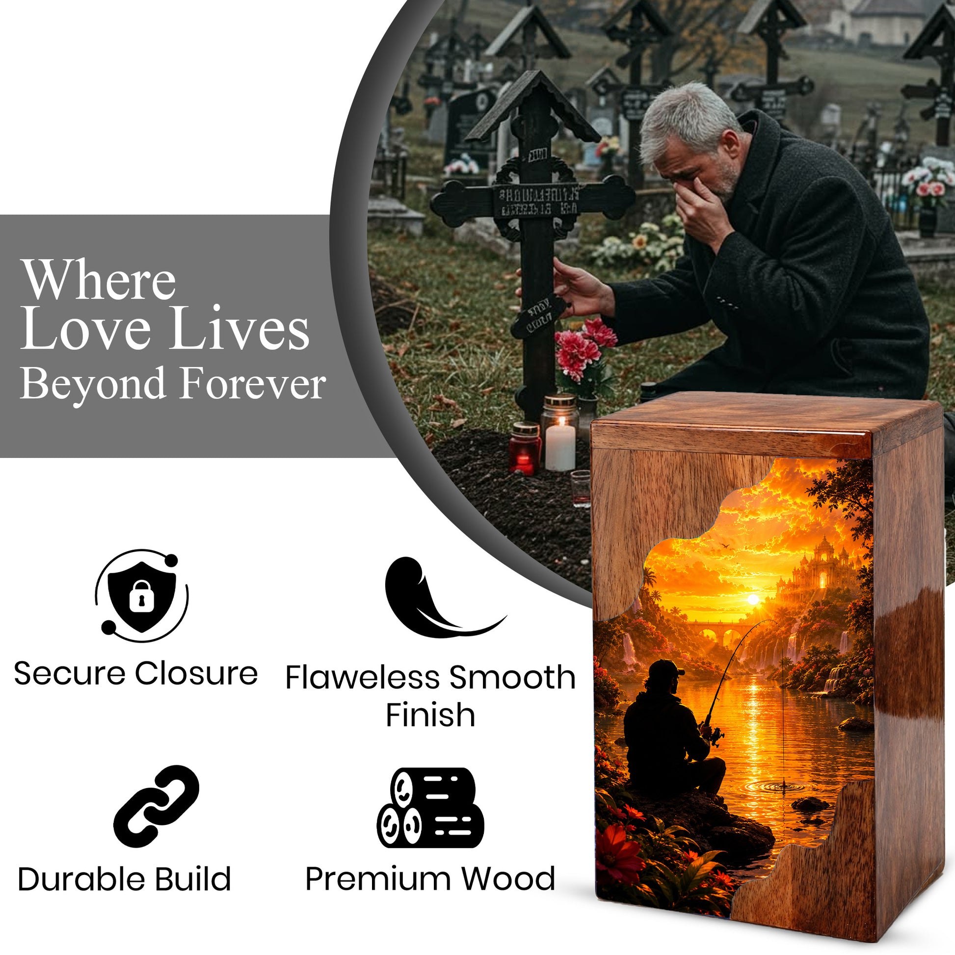 Eternal Waters Fishing Wooden Cremation Urn – Personalized Memorial Urn for Human Ashes