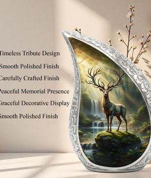Personalized Deer Forest Memorial Urn – Teardrop Memorial Urn for Ashes | 10 Inch Aluminum Adult Urn