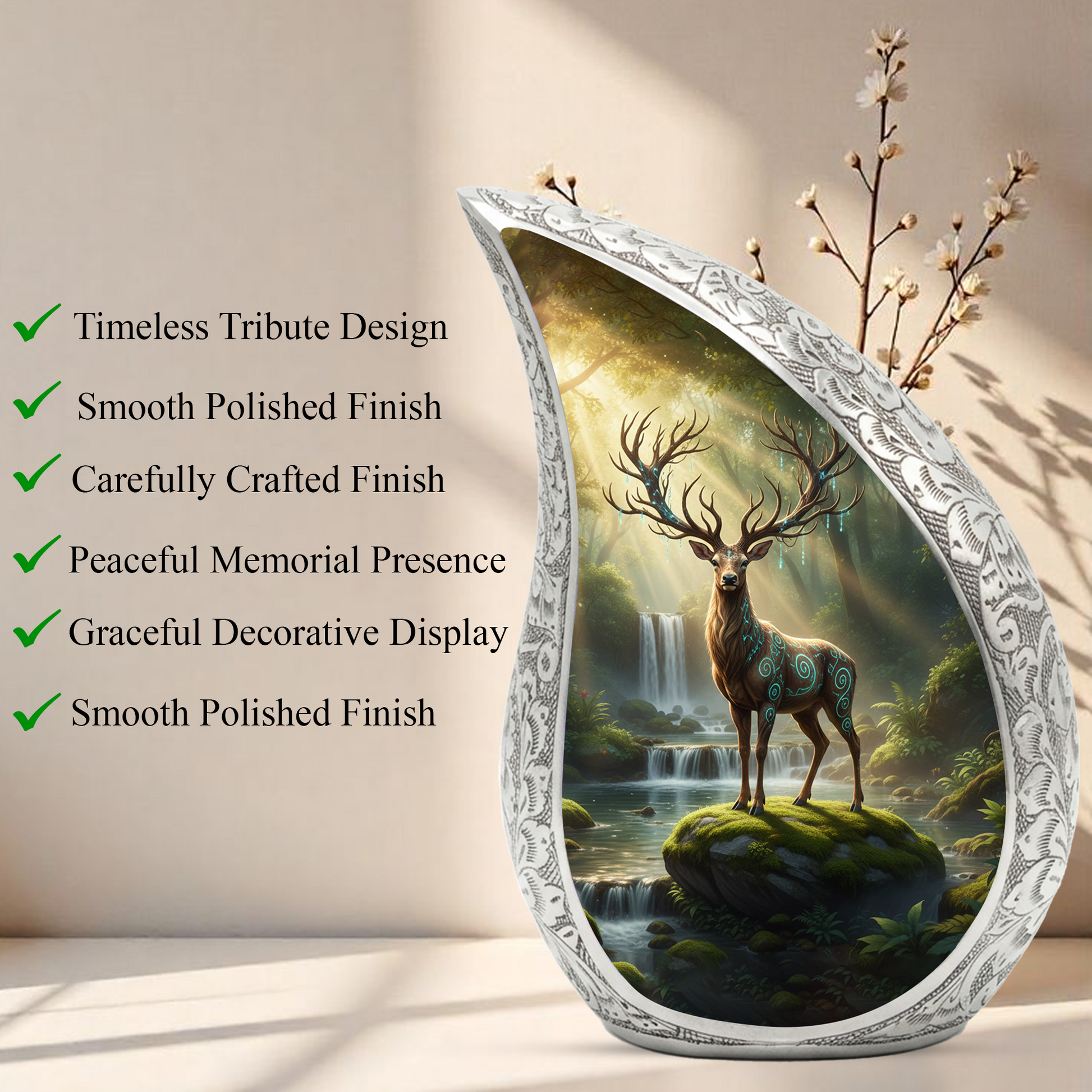 Personalized Deer Forest Memorial Urn – Teardrop Memorial Urn for Ashes | 10 Inch Aluminum Adult Urn