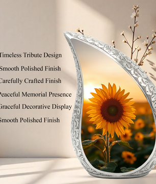 Sunflower Personalized Cremation Urn – Teardrop Style Aluminum Memorial Urn, 10 Inch