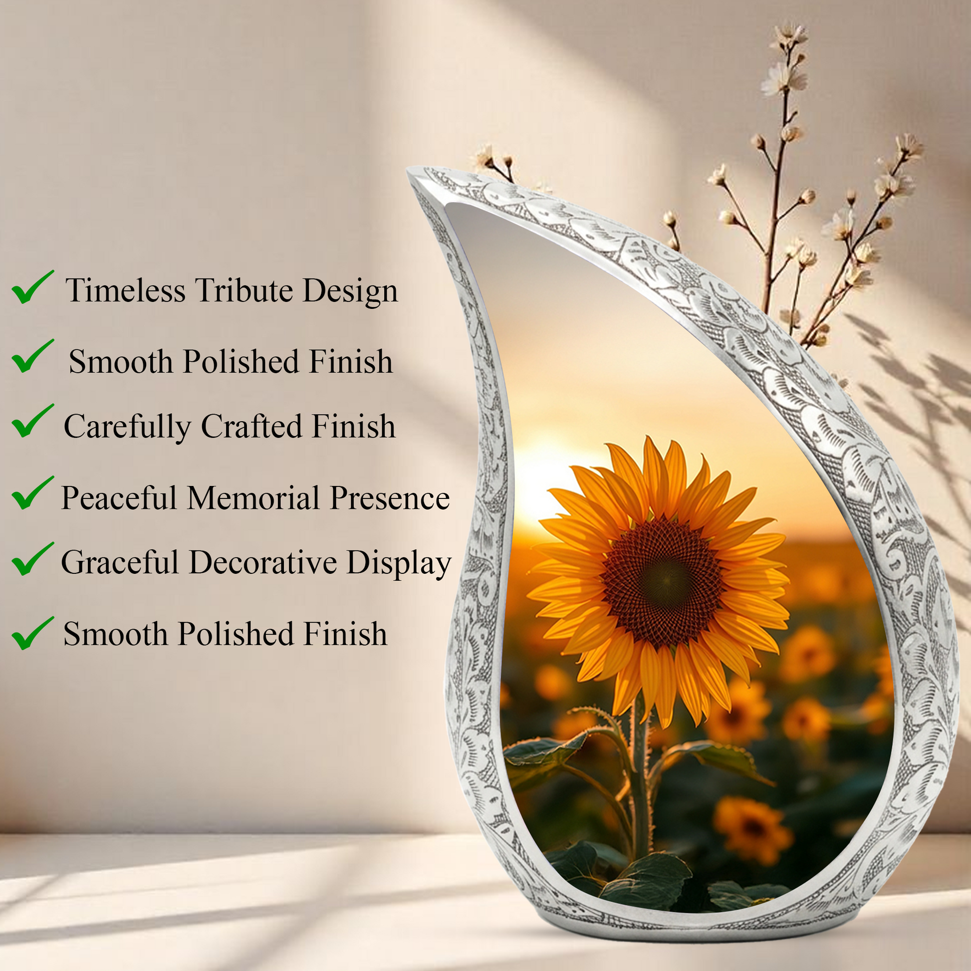 Sunflower Personalized Cremation Urn – Teardrop Style Aluminum Memorial Urn, 10 Inch