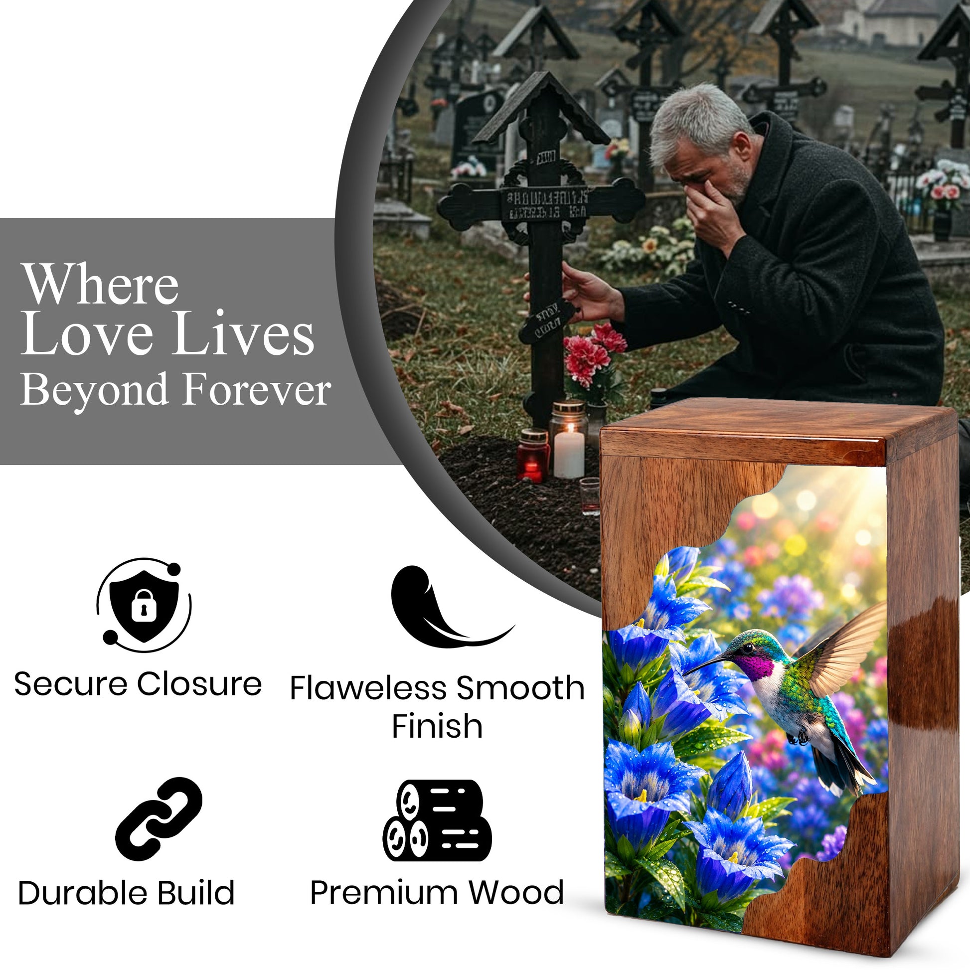 Hummingbird Wooden Cremation Urn for Mom | Personalized Urn for Human Ashes