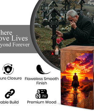 Western Cowboy Wooden Cremation Urn – Sunset Horse Memorial Urn for Human Ashes