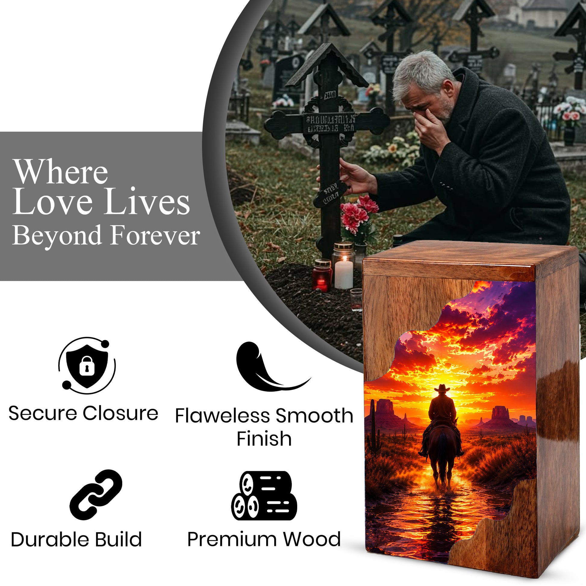 Western Cowboy Wooden Cremation Urn – Sunset Horse Memorial Urn for Human Ashes