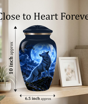 Personalized Adult Cremation Urn for Ashes, Custom Blue Wolf Moon Memorial Urn, Wildlife Cremation Urn