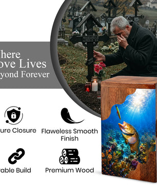 Fishing Wooden Cremation Urn – Fishing in Heaven Memorial Urn for Human Ashes
