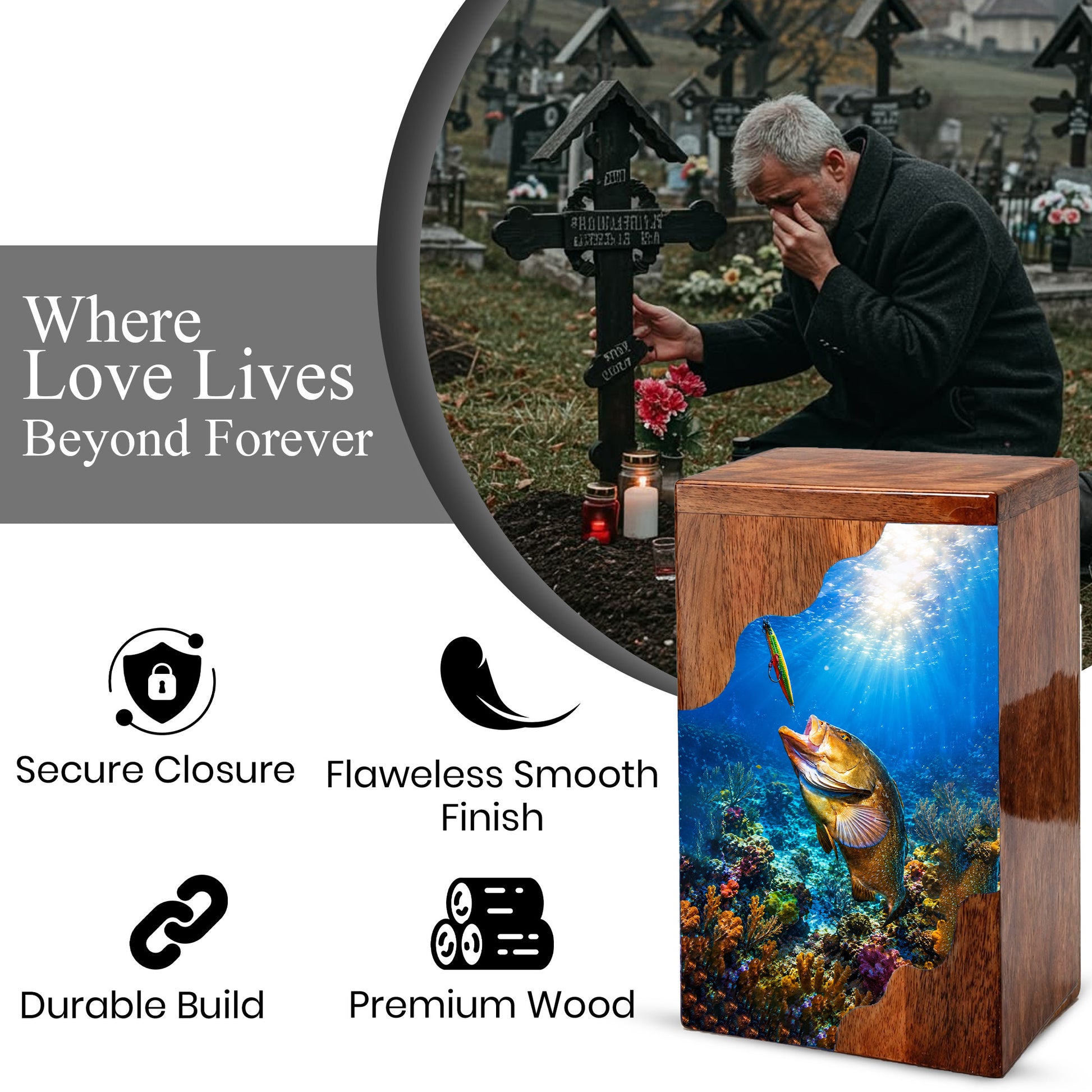 Fishing Wooden Cremation Urn – Fishing in Heaven Memorial Urn for Human Ashes