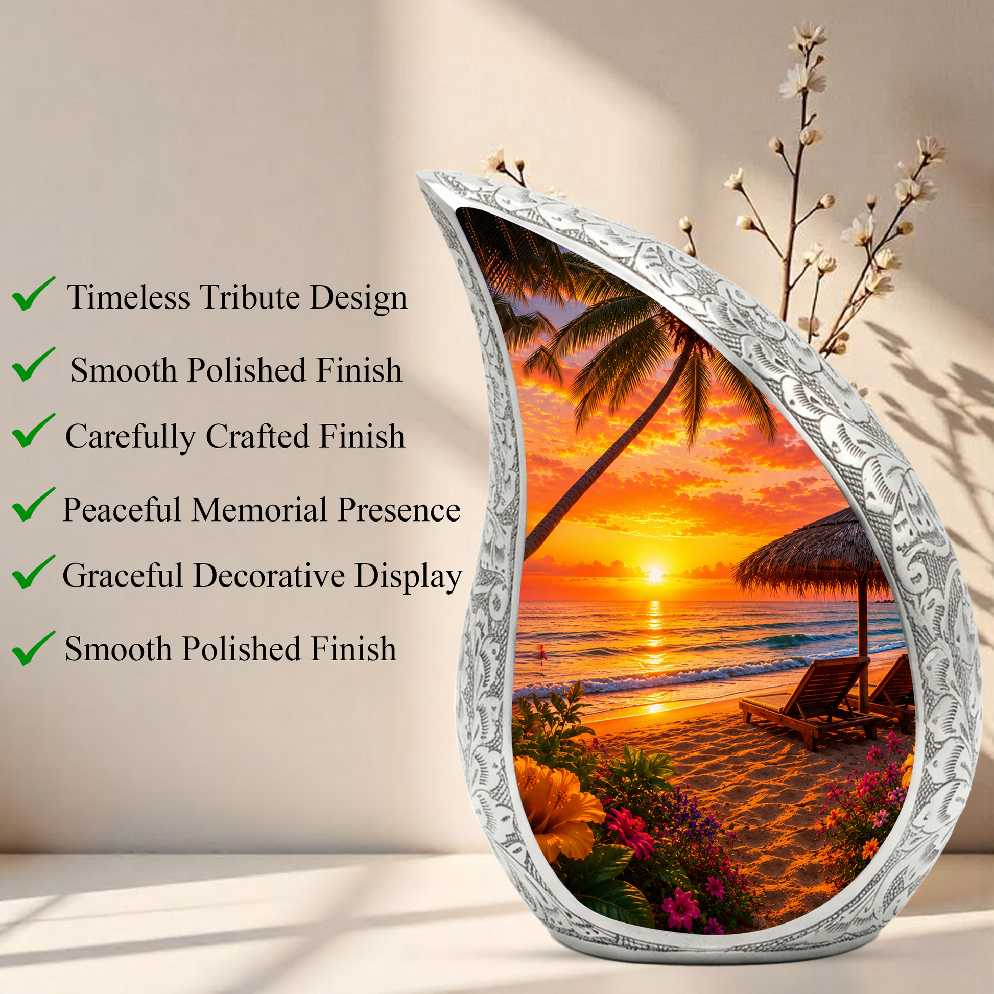 Beach Urns for Human Ashes – Tropical Ocean Sunset Beach Themed Cremation Urn