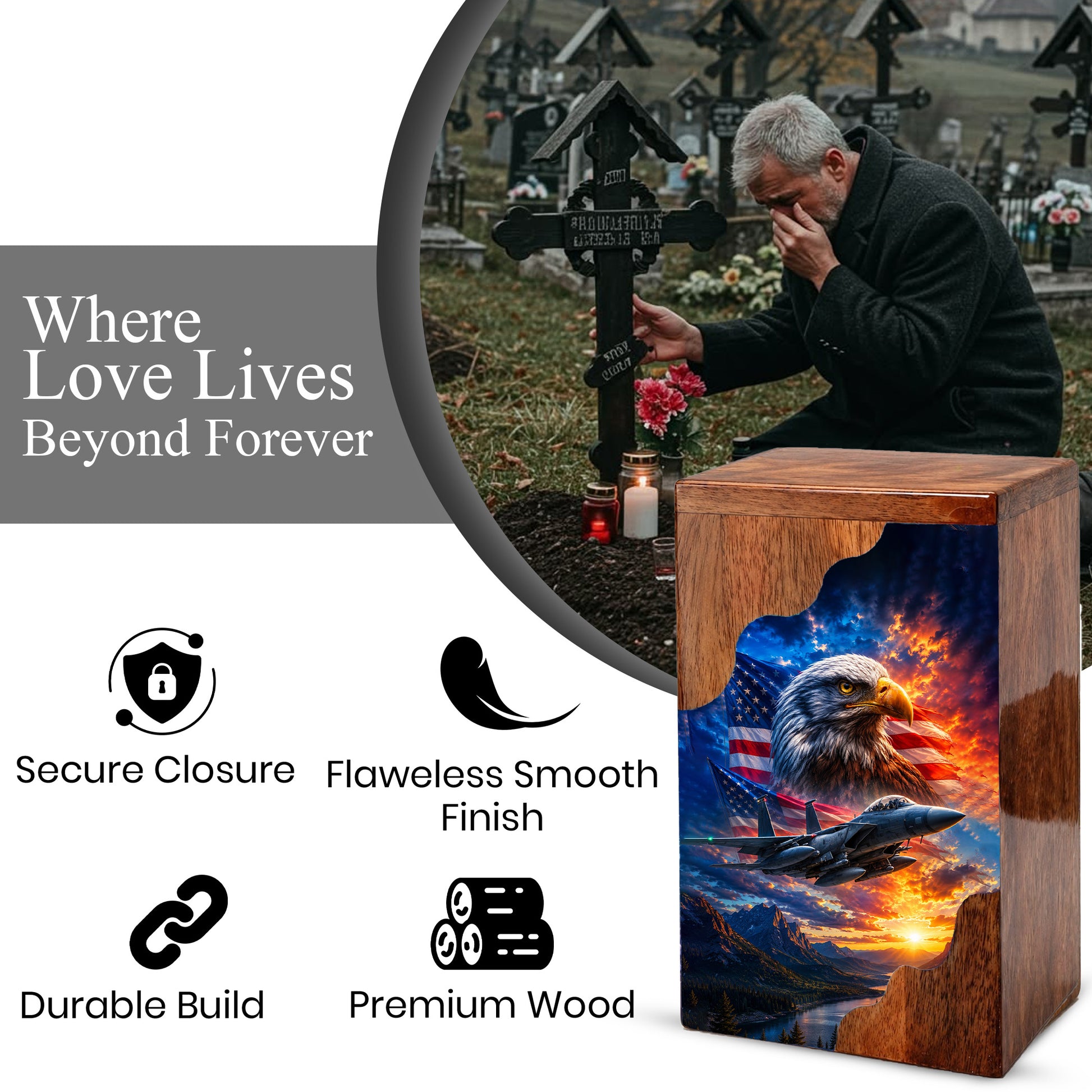 Military Eagle Wooden Cremation Urn for Human Ashes | Personalized Veteran Memorial Urn